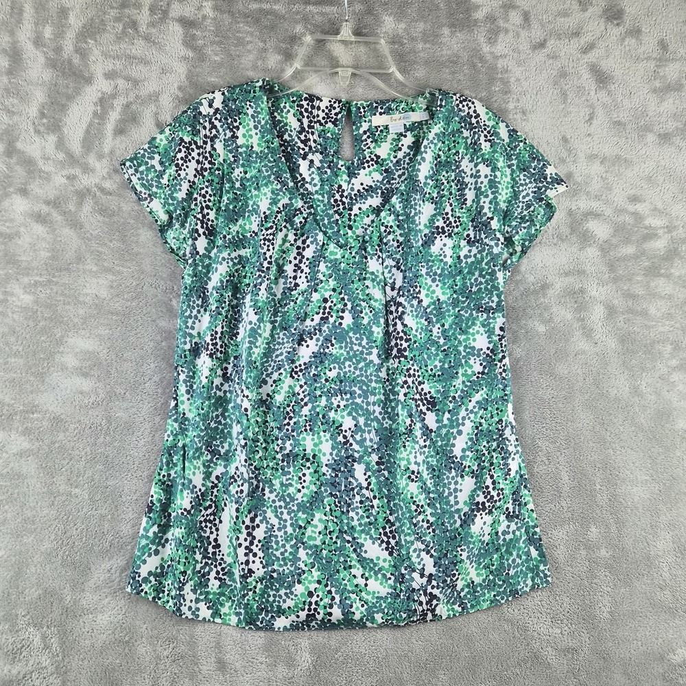 Boden Top Women 2 Green Botanical Print Silk Blend V Neck Cap Sleeve Lightweight